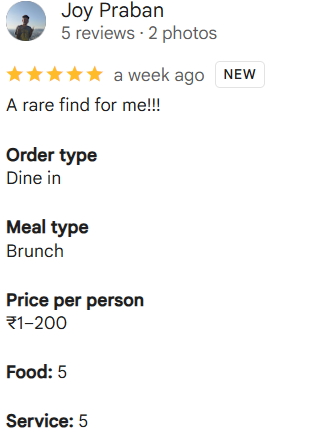 Google review by Joy Praban — 5 stars, dine-in brunch at Annapurna Foods