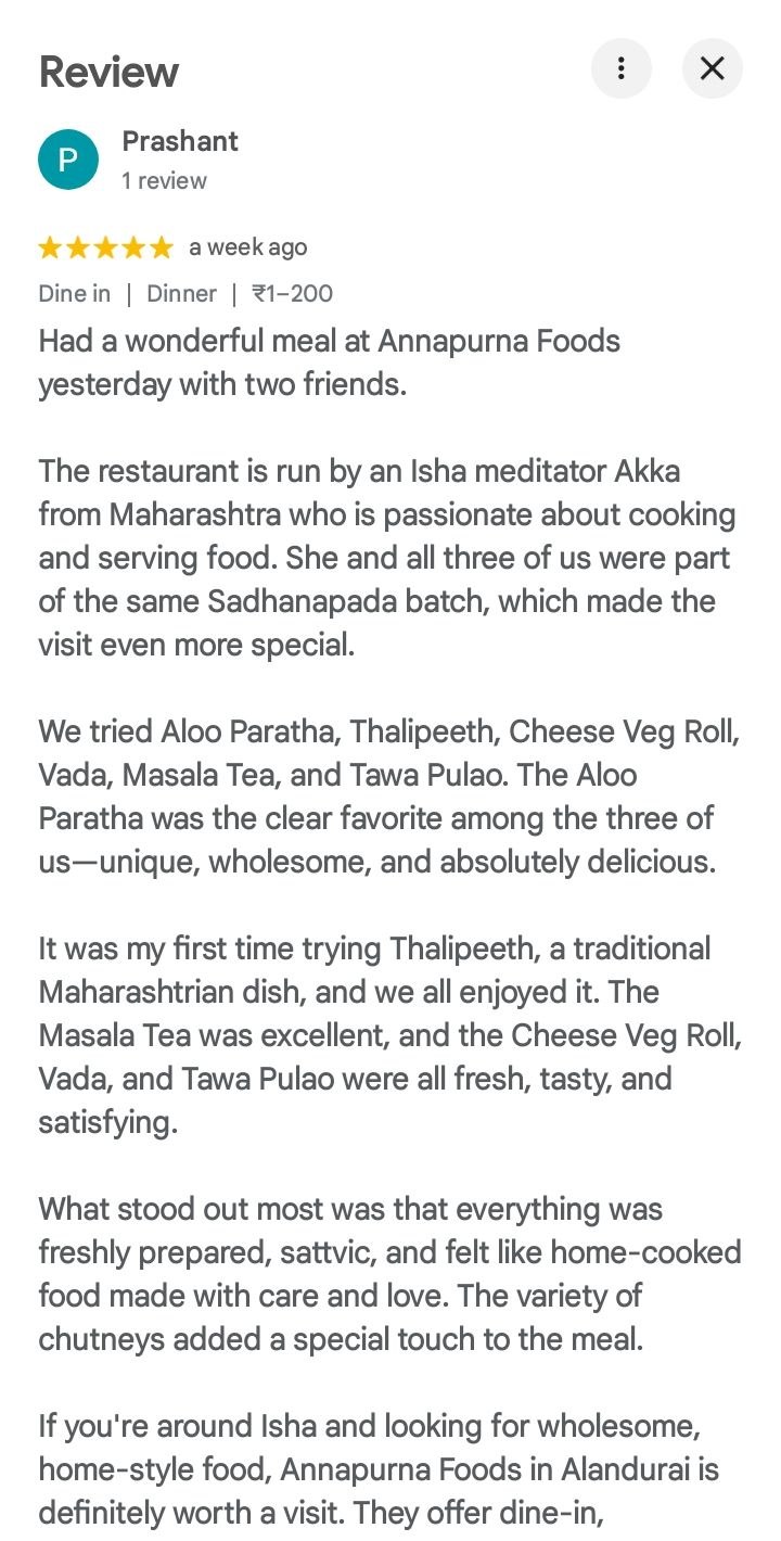 Google review by Prashant — Aloo Paratha, Thalipeeth, Cheese Veg Roll at Annapurna Foods Alandurai
